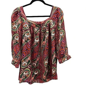 Anna Sui Paisley Y2K Square Neck 100% Silk Peasant Top Blouse Sz Small GUC